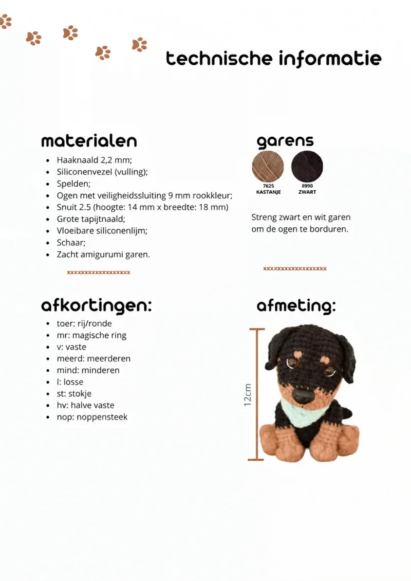 Technische info van het patroon: materialen, garen en maat